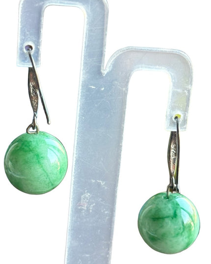 Lovely stunning 14mm Sterling silver 925 JADE dangle round earrings