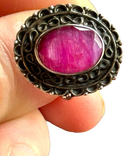 Balenisian hand crafted ornate raw ruby sterling silver 925 statement ring