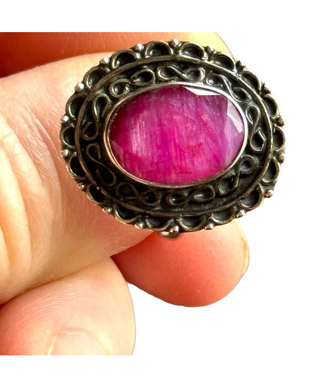 Balenisian hand crafted ornate raw ruby sterling silver 925 statement ring