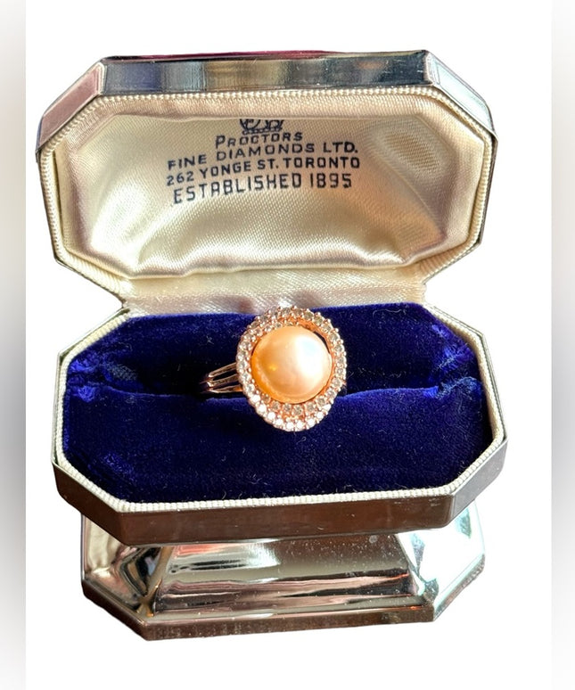 Stunning HT sterling silver 925 18K rose gold plt pearl CZ rhinestone ring