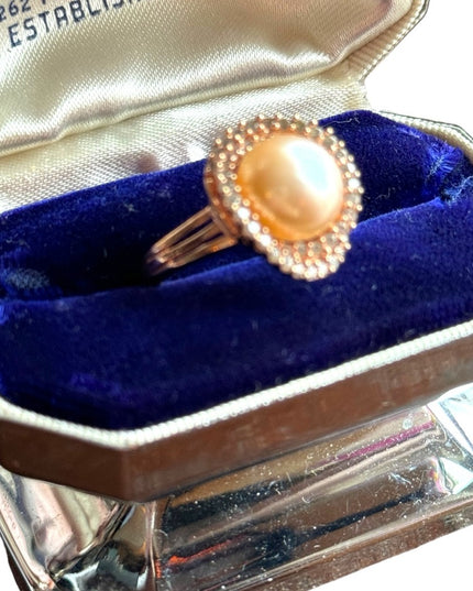 Stunning HT sterling silver 925 18K rose gold plt pearl CZ rhinestone ring