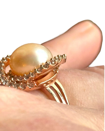 Stunning HT sterling silver 925 18K rose gold plt pearl CZ rhinestone ring