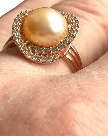 Stunning HT sterling silver 925 18K rose gold plt pearl CZ rhinestone ring