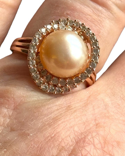 Stunning HT sterling silver 925 18K rose gold plt pearl CZ rhinestone ring
