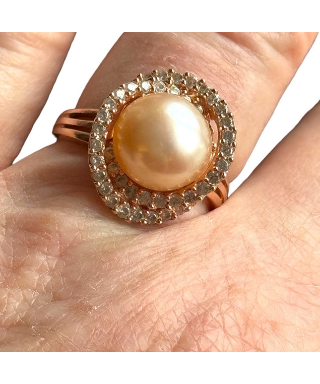 Stunning HT sterling silver 925 18K rose gold plt pearl CZ rhinestone ring
