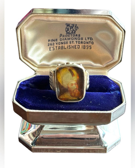 Antique  sterling silver mens Turkish? Ottoman cameo style glass icon ring 925