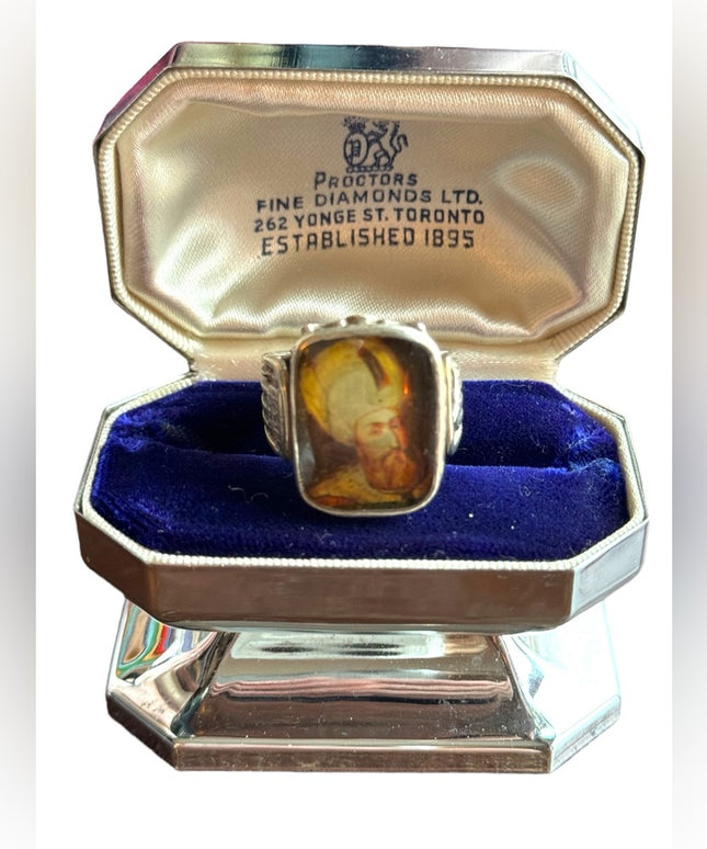 Antique  sterling silver mens Turkish? Ottoman cameo style glass icon ring 925