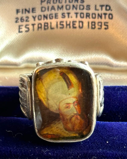 Antique  sterling silver mens Turkish? Ottoman cameo style glass icon ring 925
