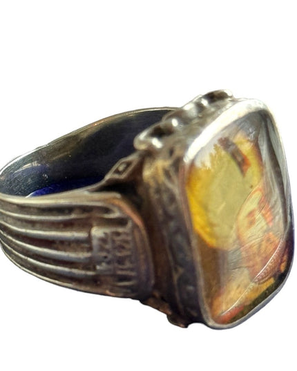 Antique  sterling silver mens Turkish? Ottoman cameo style glass icon ring 925