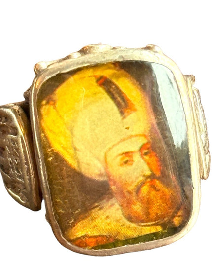 Antique  sterling silver mens Turkish? Ottoman cameo style glass icon ring 925