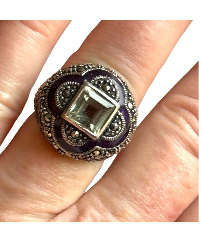 Sterling silver purple enamel large domes statement ring 925