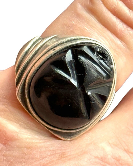 Vintage sterling silver 925 Mexico mexican Aztec Mayan Black onyx ring