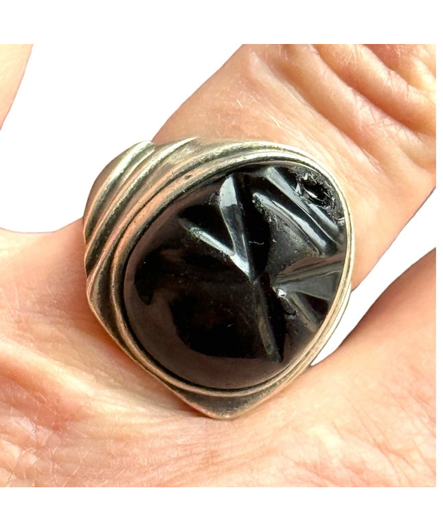 Vintage sterling silver 925 Mexico mexican Aztec Mayan Black onyx ring