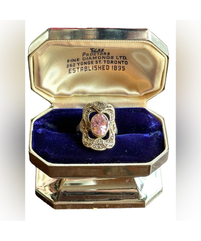 Vintage sterling silver 925 marcasite pink ice antiqued ring