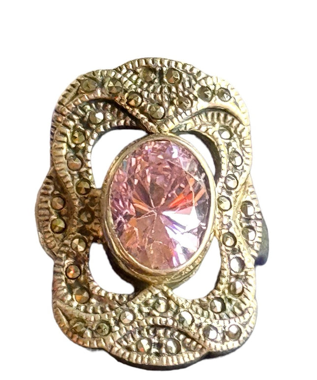 Vintage sterling silver 925 marcasite pink ice antiqued ring