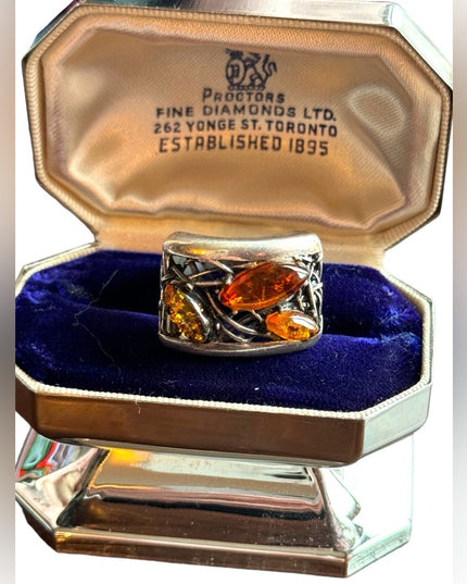 Vintage sterling silver 925 modernist brutalist AMBER ring filagree web