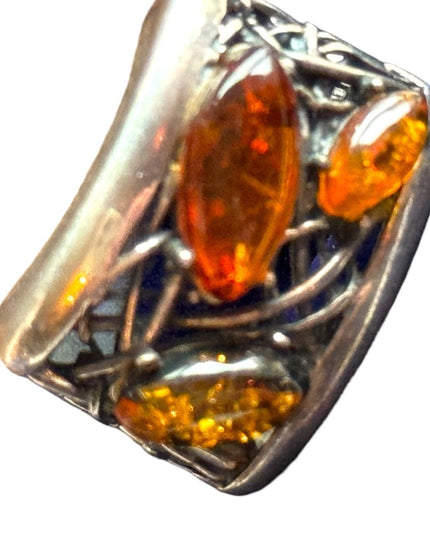 Vintage sterling silver 925 modernist brutalist AMBER ring filagree web