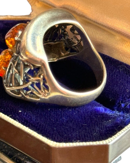 Vintage sterling silver 925 modernist brutalist AMBER ring filagree web
