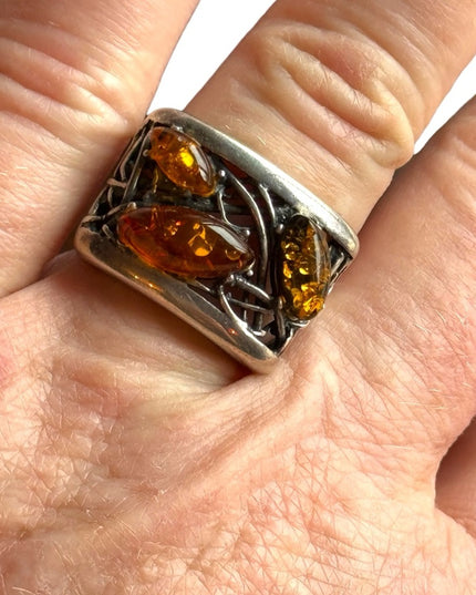 Vintage sterling silver 925 modernist brutalist AMBER ring filagree web