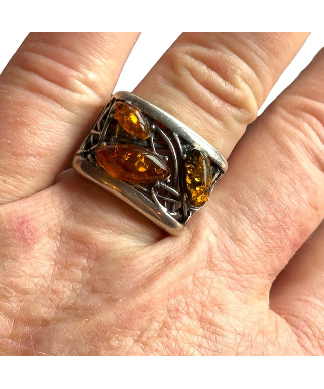 Vintage sterling silver 925 modernist brutalist AMBER ring filagree web