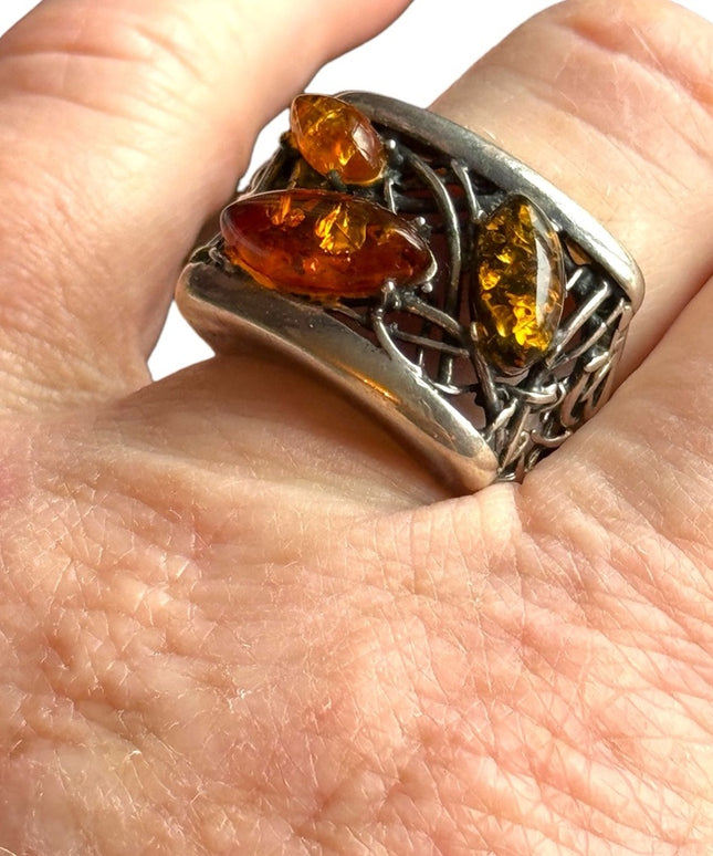 Vintage sterling silver 925 modernist brutalist AMBER ring filagree web