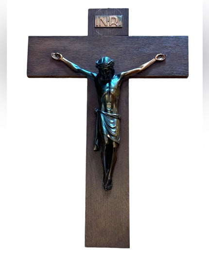 Antique OAK Copper Jesus thick heavy Church handmade wall cross crucifix Euro