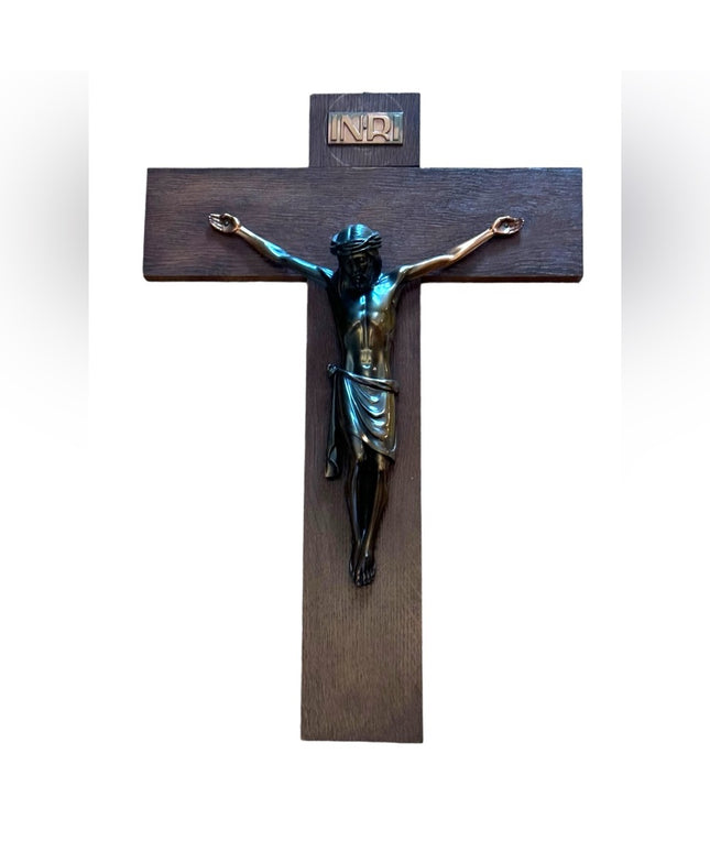 Antique OAK Copper Jesus thick heavy Church handmade wall cross crucifix Euro