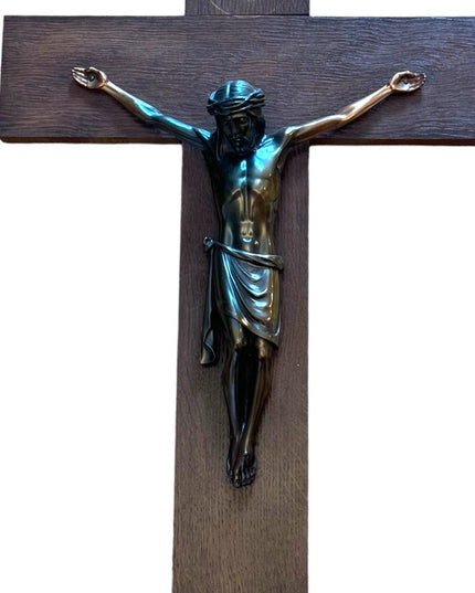 Antique OAK Copper Jesus thick heavy Church handmade wall cross crucifix Euro