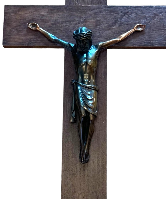 Antique OAK Copper Jesus thick heavy Church handmade wall cross crucifix Euro