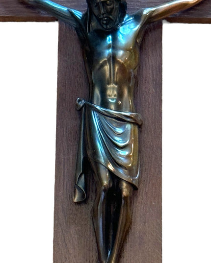 Antique OAK Copper Jesus thick heavy Church handmade wall cross crucifix Euro