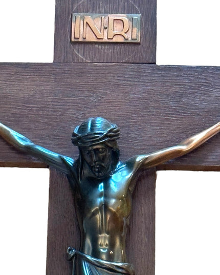Antique OAK Copper Jesus thick heavy Church handmade wall cross crucifix Euro