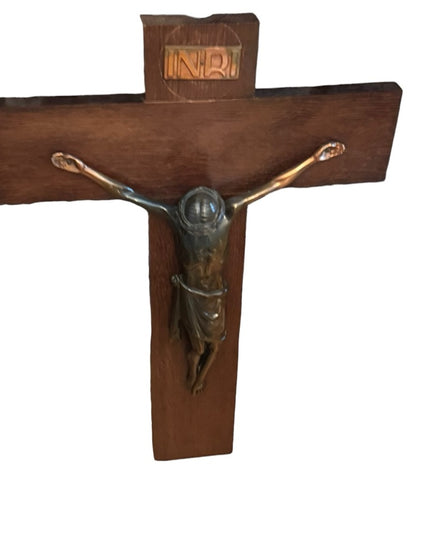Antique OAK Copper Jesus thick heavy Church handmade wall cross crucifix Euro