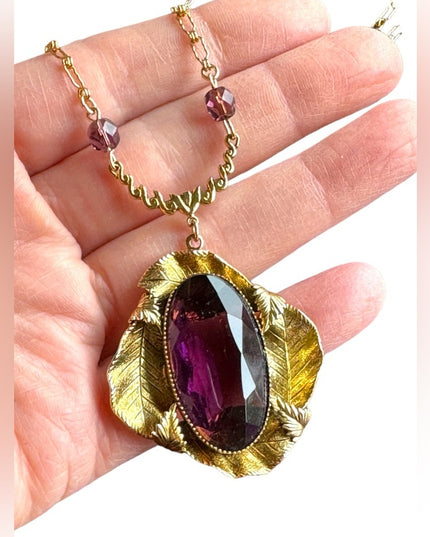 Antique Gold purple paste glass art deco leaves large pendant lavalier necklace