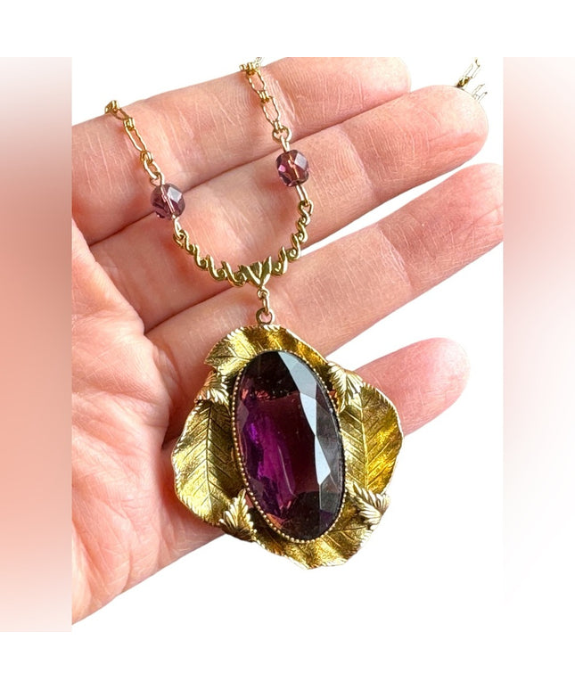Antique Gold purple paste glass art deco leaves large pendant lavalier necklace