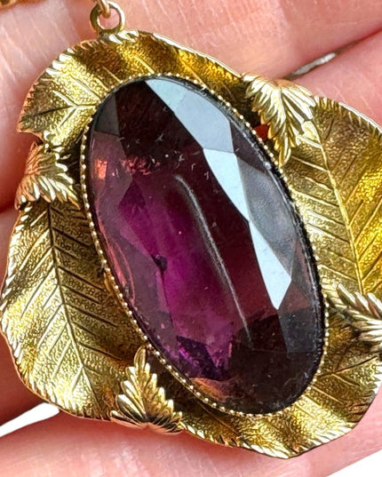 Antique Gold purple paste glass art deco leaves large pendant lavalier necklace