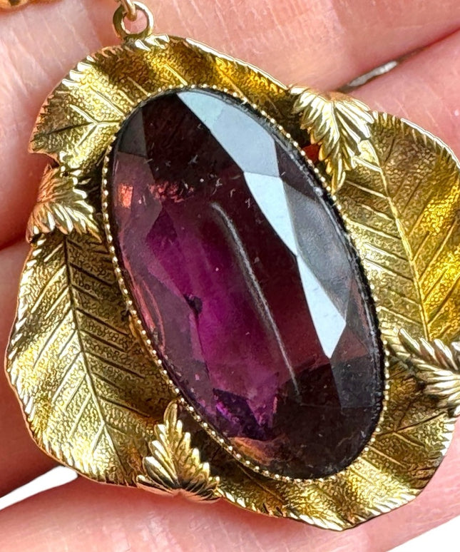 Antique Gold purple paste glass art deco leaves large pendant lavalier necklace