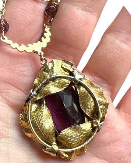 Antique Gold purple paste glass art deco leaves large pendant lavalier necklace