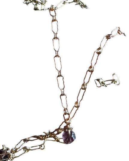 Antique Gold purple paste glass art deco leaves large pendant lavalier necklace