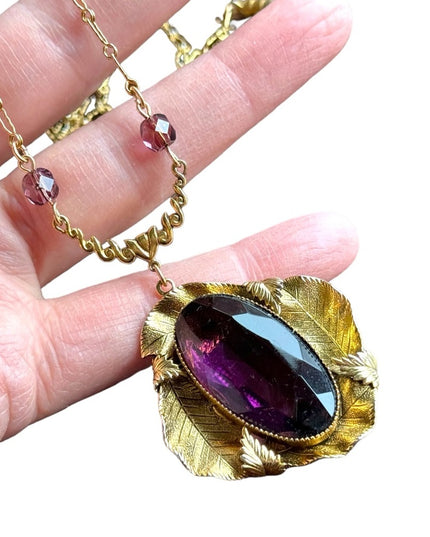 Antique Gold purple paste glass art deco leaves large pendant lavalier necklace