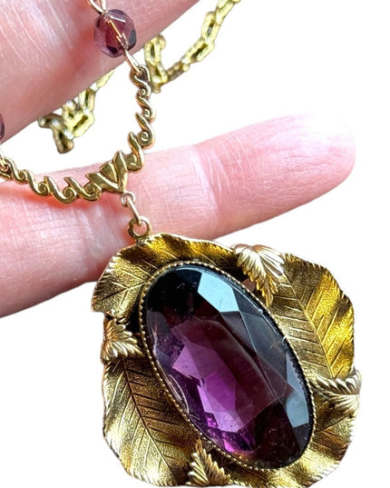 Antique Gold purple paste glass art deco leaves large pendant lavalier necklace