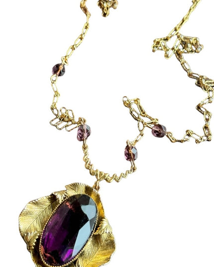 Antique Gold purple paste glass art deco leaves large pendant lavalier necklace