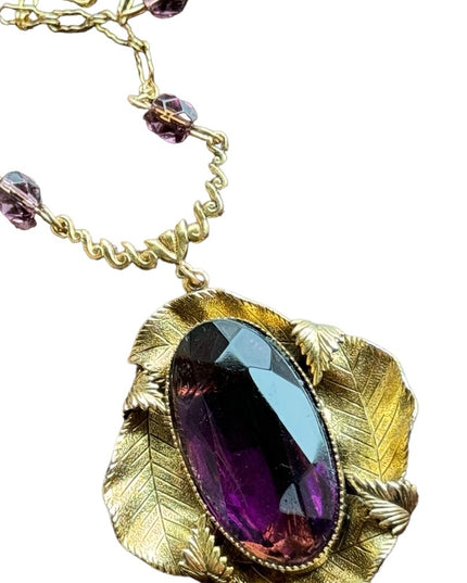 Antique Gold purple paste glass art deco leaves large pendant lavalier necklace