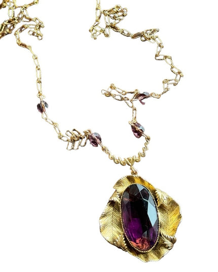 Antique Gold purple paste glass art deco leaves large pendant lavalier necklace