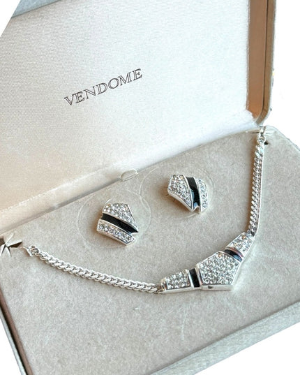 NIB Vendome Rhodium plt vintage high quality necklace & earrings set rhinestone