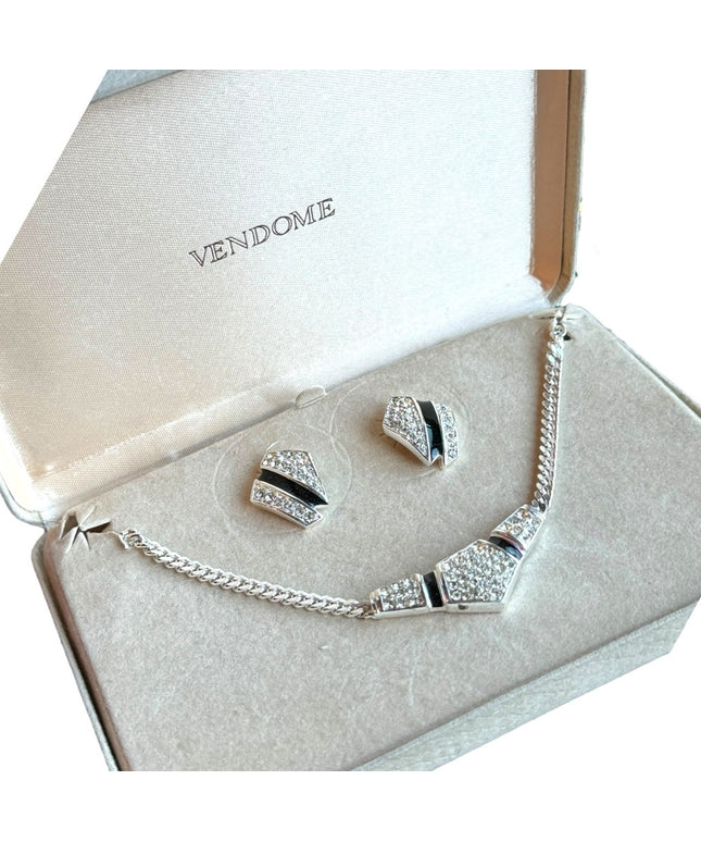 NIB Vendome Rhodium plt vintage high quality necklace & earrings set rhinestone