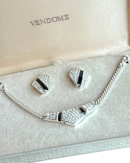 NIB Vendome Rhodium plt vintage high quality necklace & earrings set rhinestone