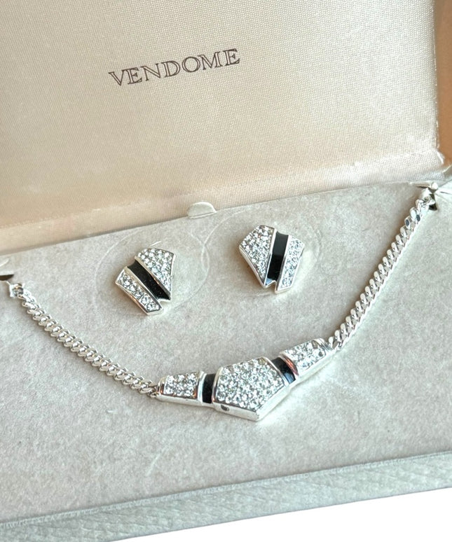 NIB Vendome Rhodium plt vintage high quality necklace & earrings set rhinestone
