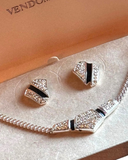 NIB Vendome Rhodium plt vintage high quality necklace & earrings set rhinestone