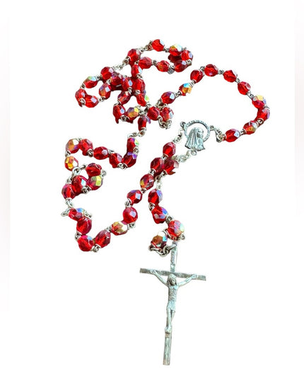 Vintage 1950s blood red crystal rosary crucifix necklace