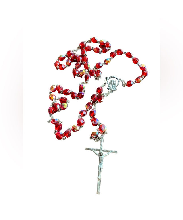 Vintage 1950s blood red crystal rosary crucifix necklace